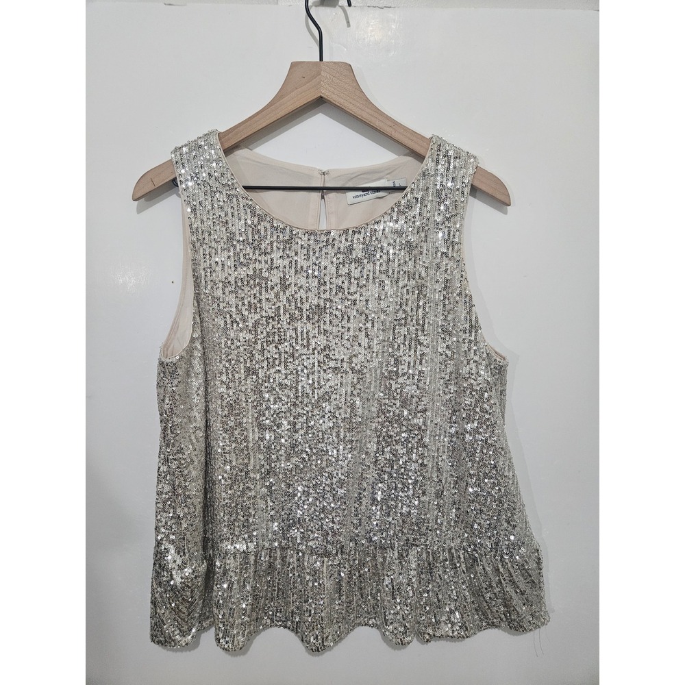 Vineyard Vines Womens Silver Sequin Peplum Sleeveless Top Size L Holiday Party
